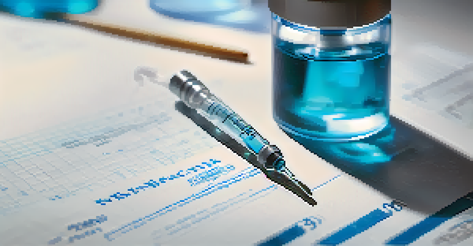 A close-up of an mRNA vaccine vial on a laboratory table, with a microscope and research notes in the background, illuminated by soft lighting.