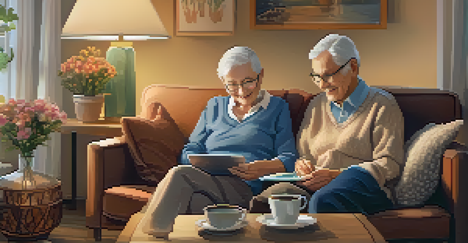 An elderly couple sharing a moment together on a sofa while looking at a tablet.