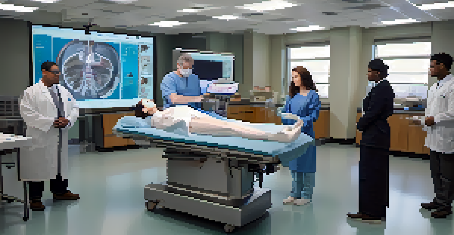A medical instructor teaching a surgical procedure on a simulator to a group of attentive students in a classroom.