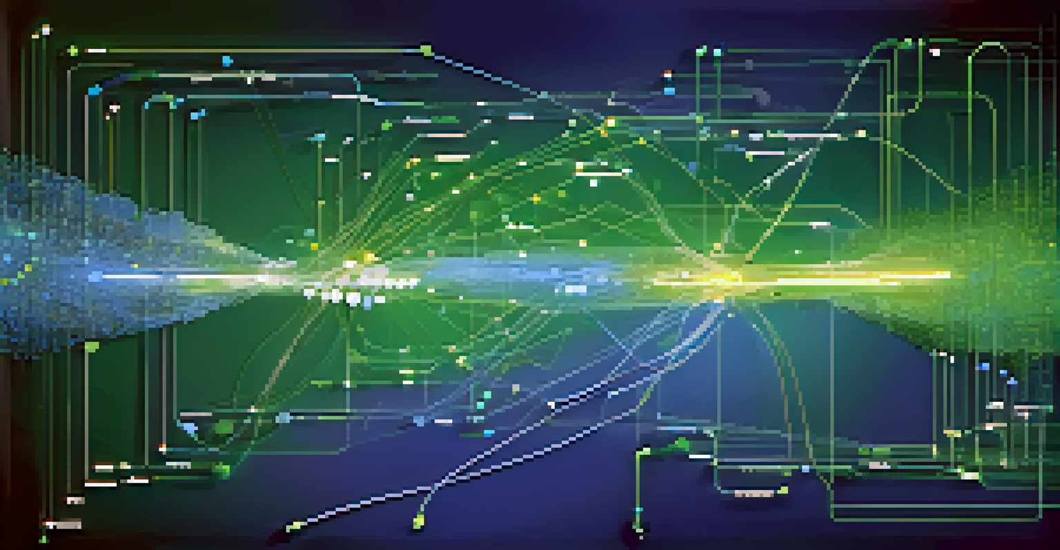 An abstract image showing interconnected nodes and data streams in blue and green, symbolizing data sharing in clinical research.