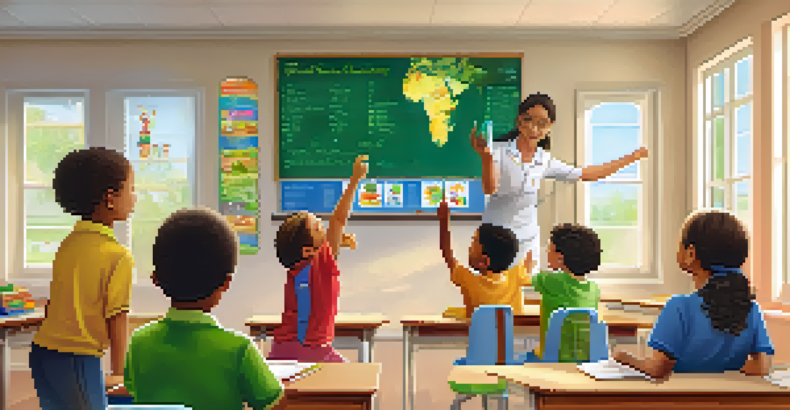 Children in a classroom learning about nutrition from a teacher, with colorful charts and health posters around them.