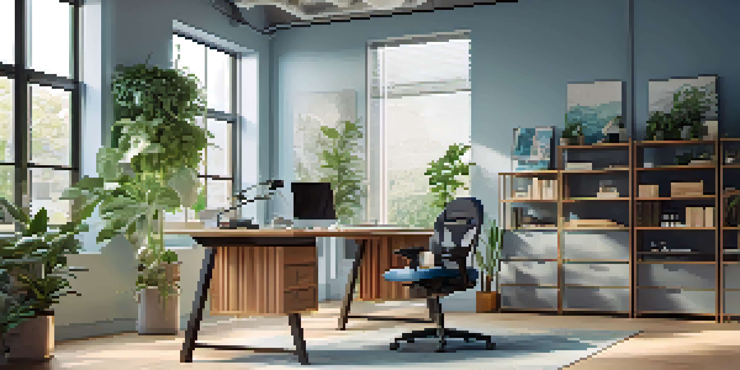 A bright and inviting ergonomic workspace with a height-adjustable desk, ergonomic chair, and plants, showcasing a comfortable work environment.