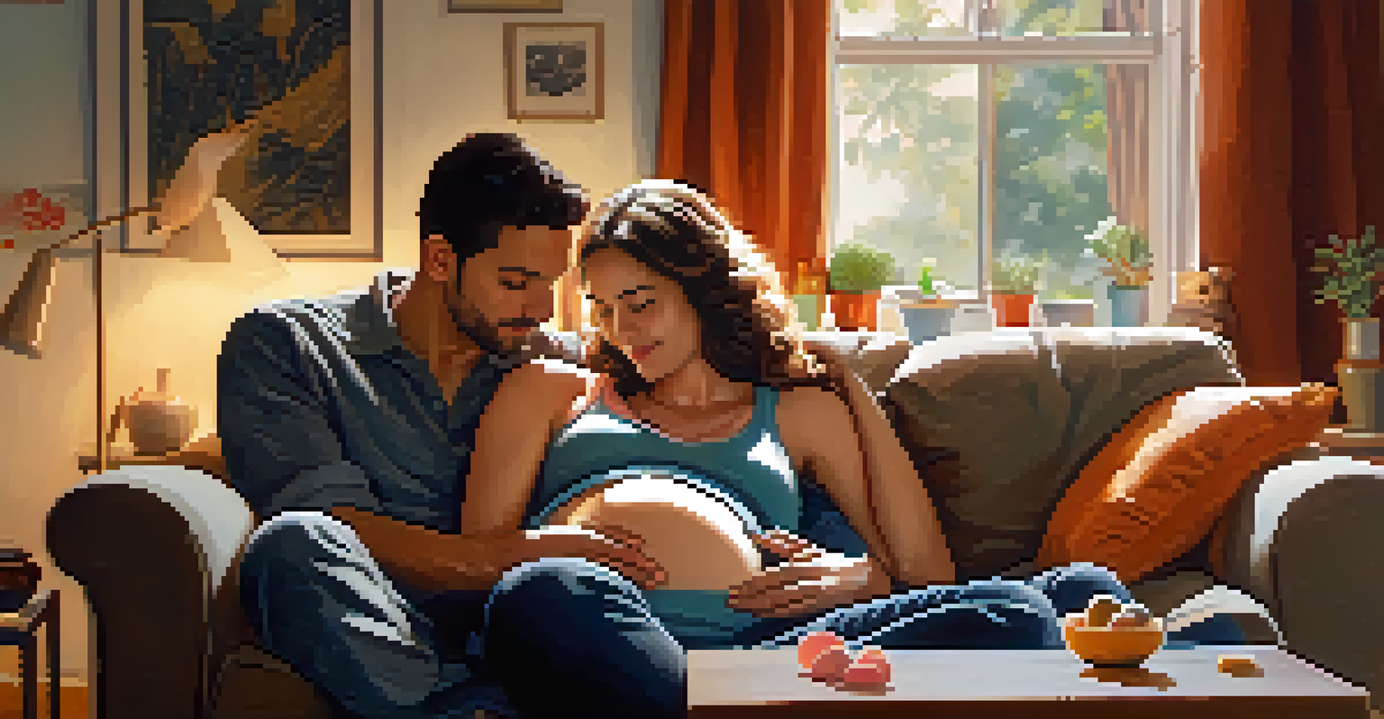 A loving couple sharing a tender moment in their living room as they prepare for their baby.