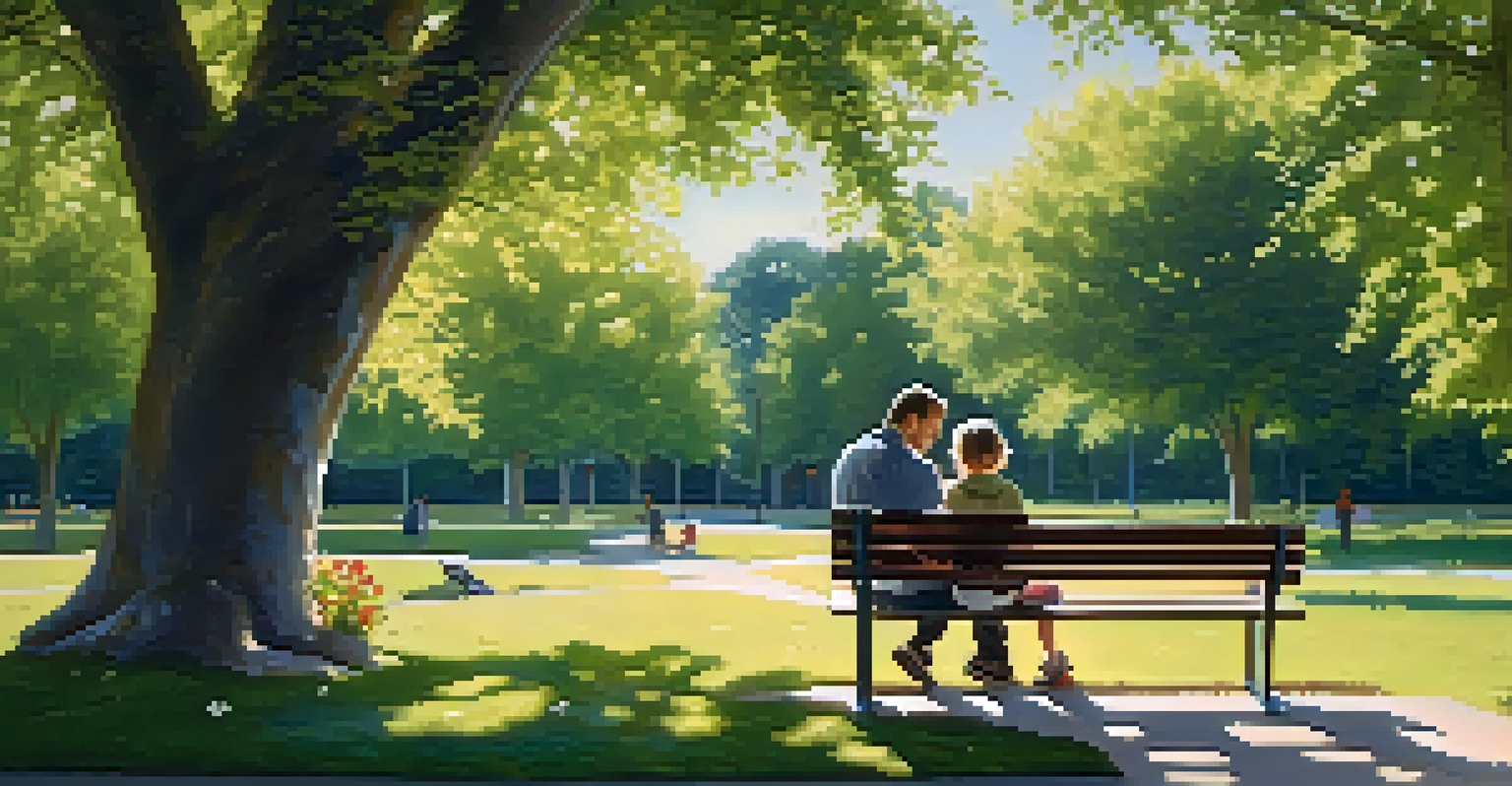 A parent and child reading a storybook together on a bench in a sunny park surrounded by greenery and flowers.
