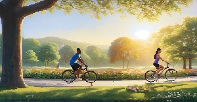 A diverse group of people exercising outdoors in a park during sunrise, surrounded by greenery and flowers.