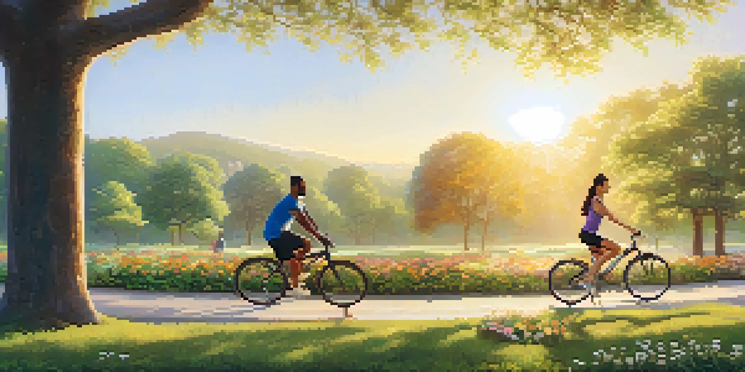 A diverse group of people exercising outdoors in a park during sunrise, surrounded by greenery and flowers.