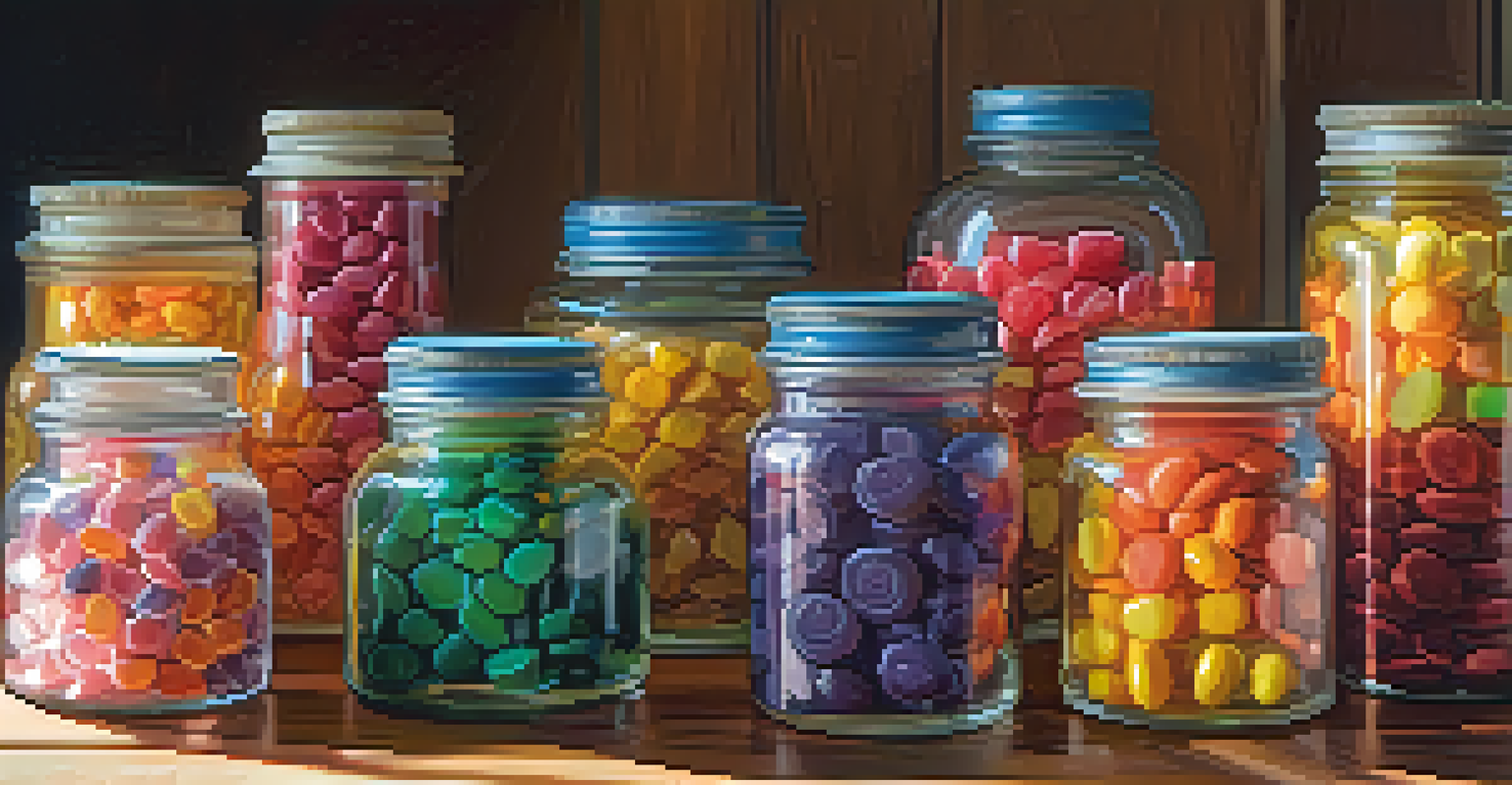 A collection of colorful candies in glass jars, arranged by color on a wooden table, illuminated by sunlight.