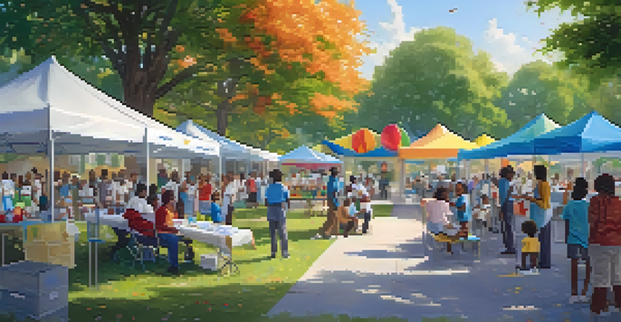 An outdoor vaccination clinic in a community park with healthcare professionals and diverse individuals receiving vaccines under sunlight.