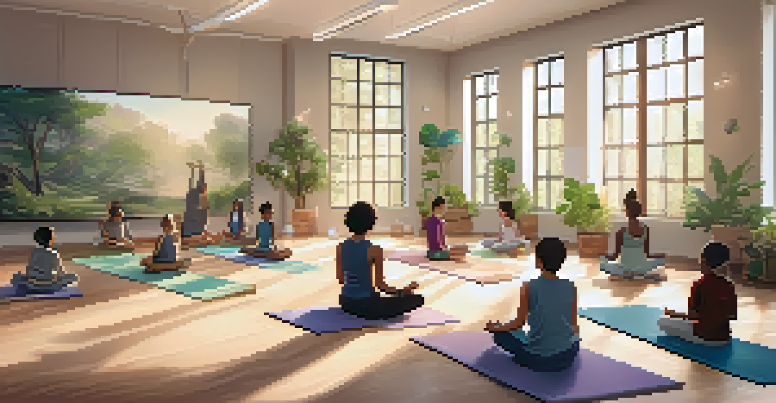 Students sitting on yoga mats in a peaceful classroom, practicing mindfulness and breathing exercises led by a teacher.