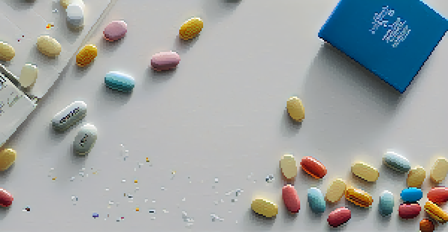 A close-up of a patient holding a pill bottle with scattered pills on a white surface, with handwritten notes in the background.