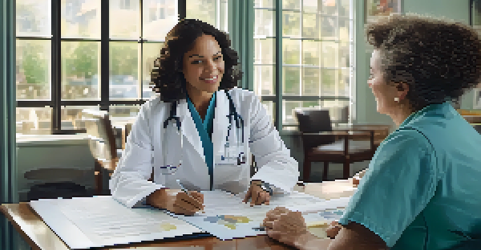 A healthcare provider and a patient engaged in a conversation at a desk, with soft natural lighting and a calming color scheme.