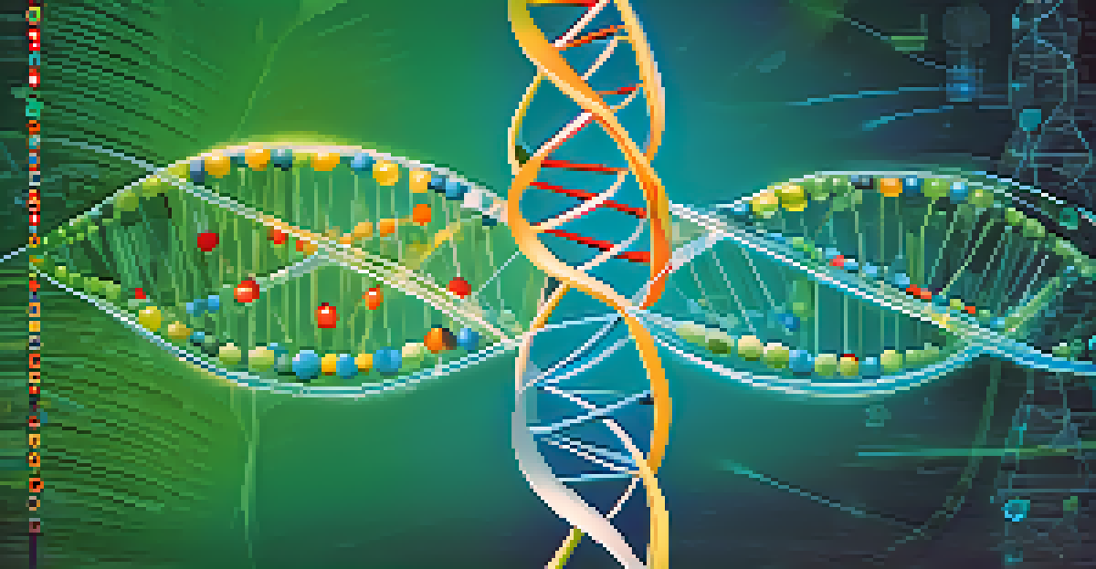 A colorful illustration of DNA strands combined with digital data streams against a blue and green backdrop, representing genomics and big data in healthcare.