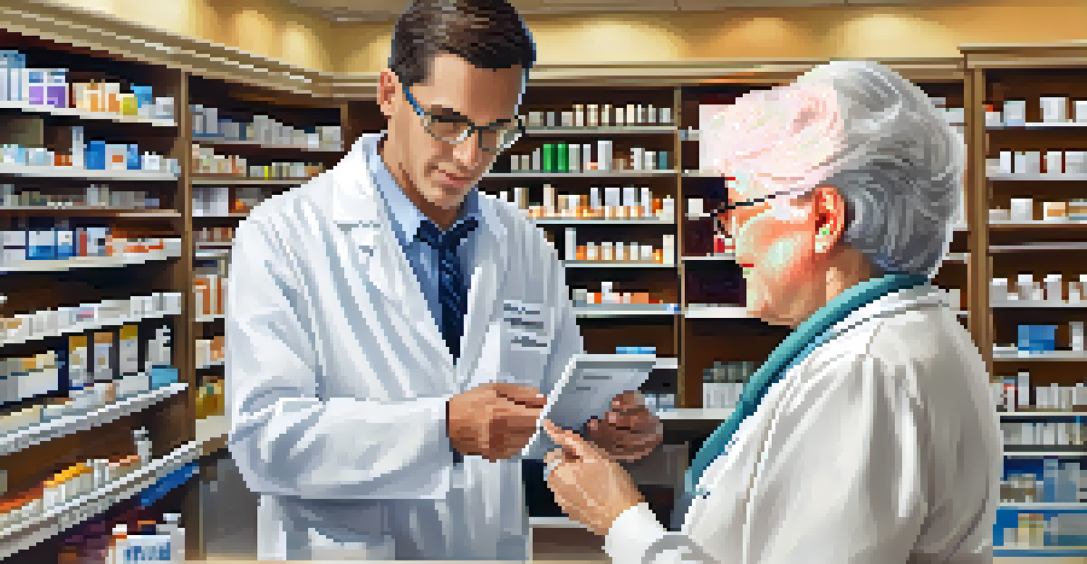 A pharmacist and an elderly patient discussing a medication list at a pharmacy.