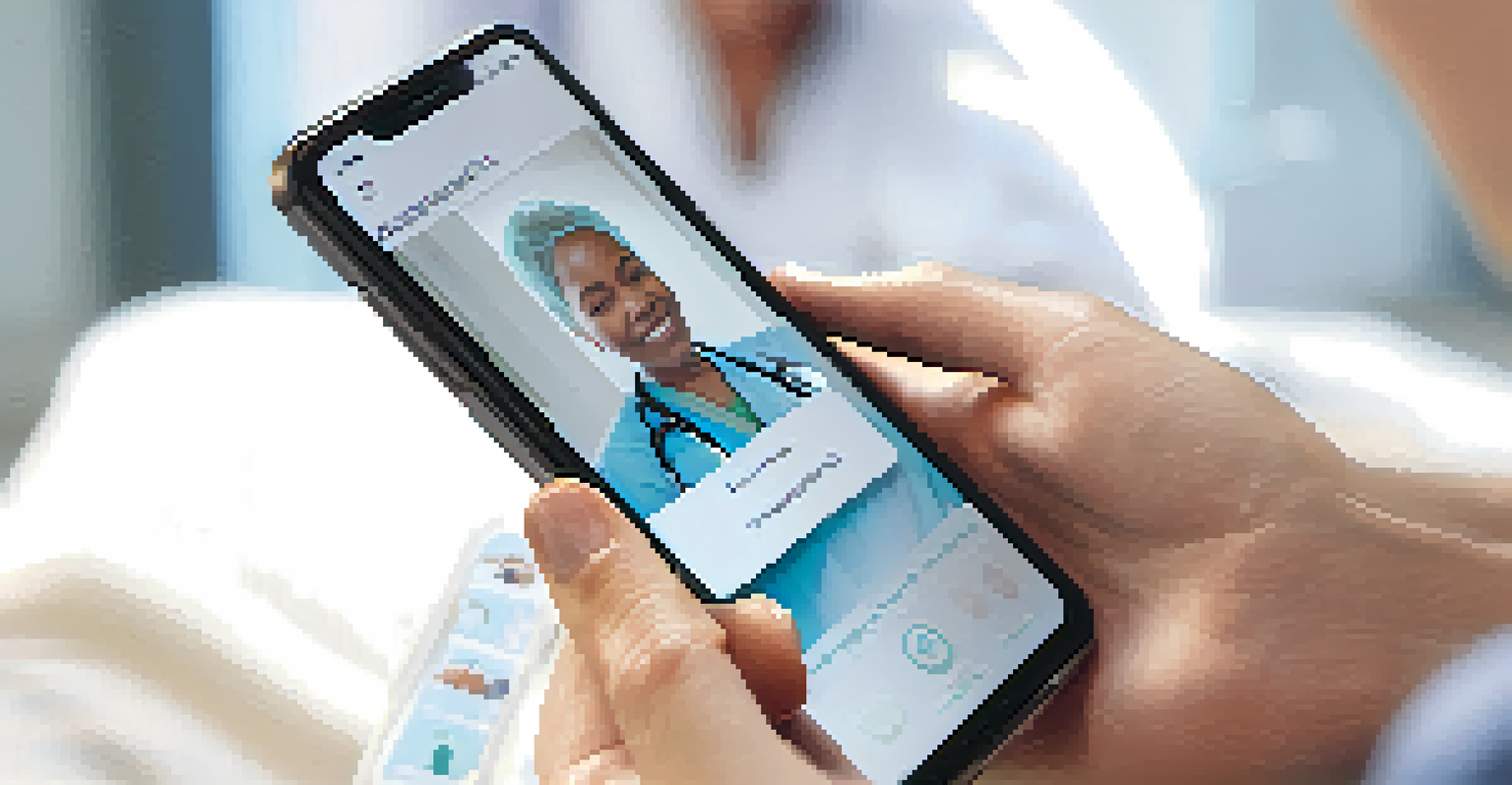 A close-up of hands holding a smartphone displaying a telehealth app, with an advocate and patient interacting in a warm setting.