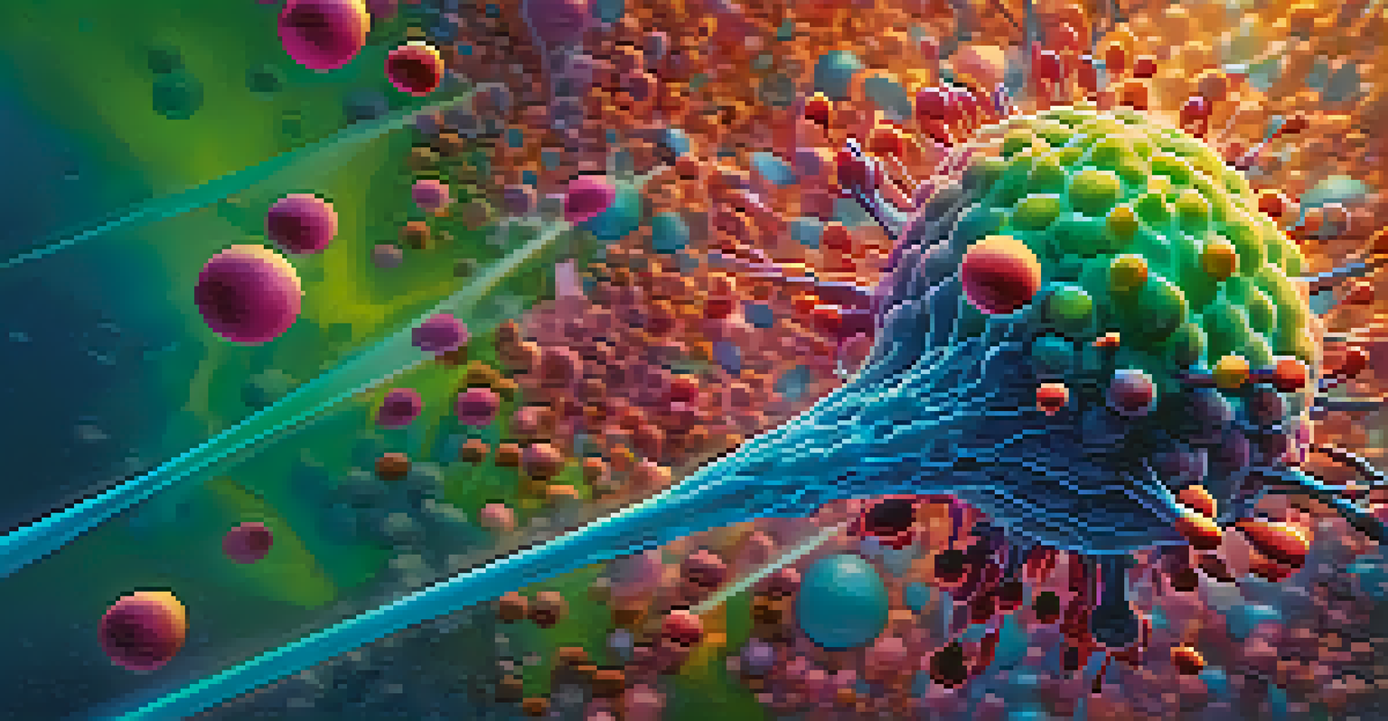 An artistic depiction of nanoparticles targeting a cancer cell, with vibrant colors and a biological background.