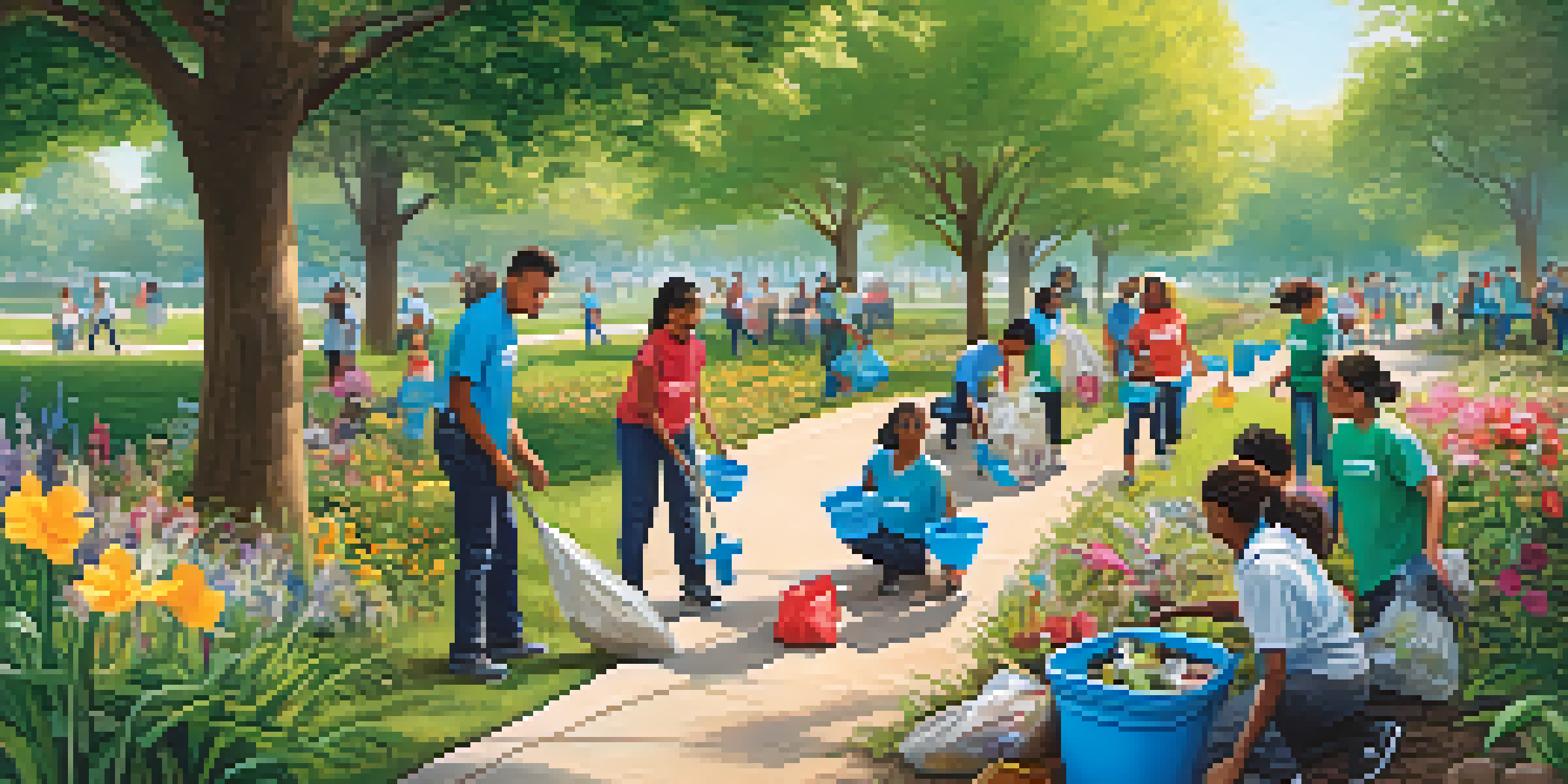 A diverse group of people participating in a community clean-up in a park, surrounded by greenery and flowers under a clear sky.