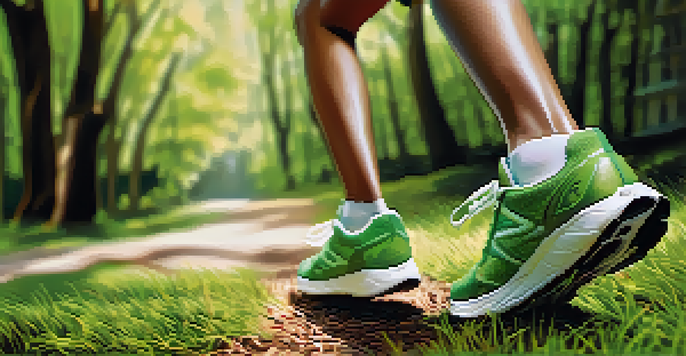 A close-up of a runner's feet wearing proper footwear on a grassy surface, with sunlight filtering through trees.