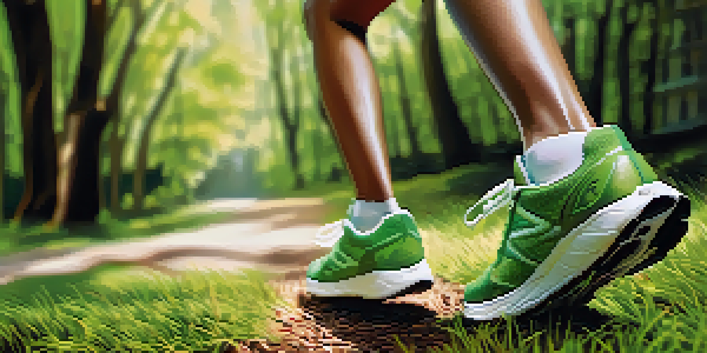 A close-up of a runner's feet wearing proper footwear on a grassy surface, with sunlight filtering through trees.