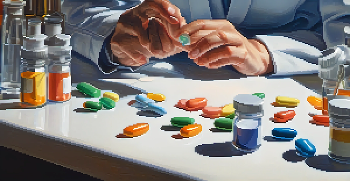 A pharmacist counting pills with colorful medication bottles in the background.