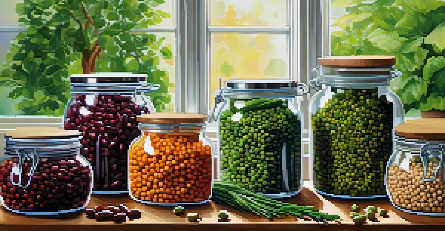 A kitchen counter with glass jars of colorful legumes like lentils and chickpeas, alongside fresh herbs and chopped vegetables.