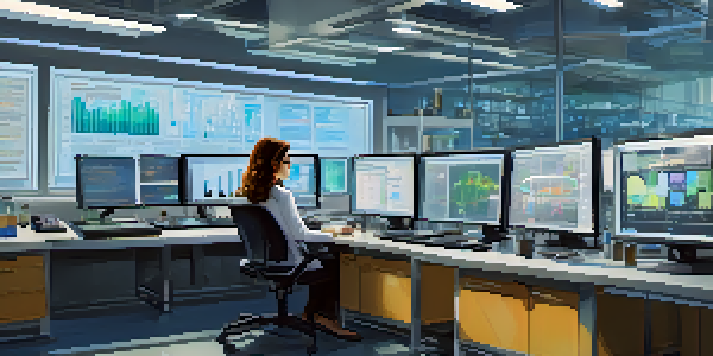 A focused researcher in a bright lab analyzing data on a computer, surrounded by modern lab equipment.