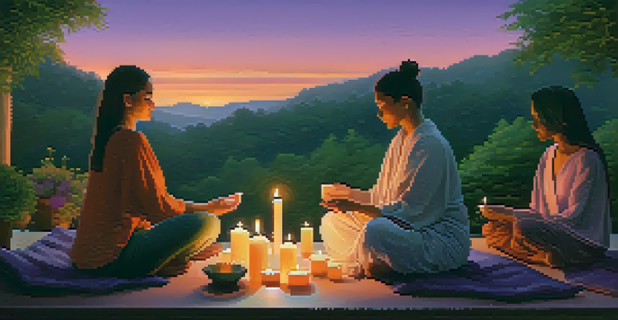 A diverse group of people gathered outdoors at dusk, participating in a calming ritual with candles and meditation.