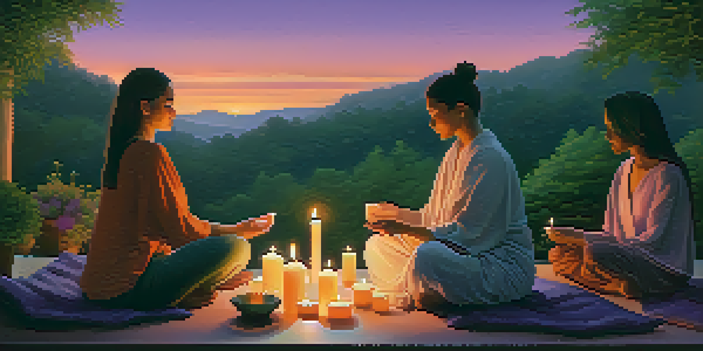 A diverse group of people gathered outdoors at dusk, participating in a calming ritual with candles and meditation.