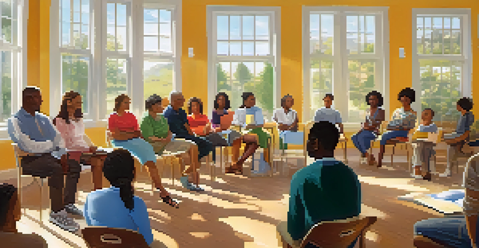 A classroom workshop with diverse adults learning about health, surrounded by educational materials and sunlight.