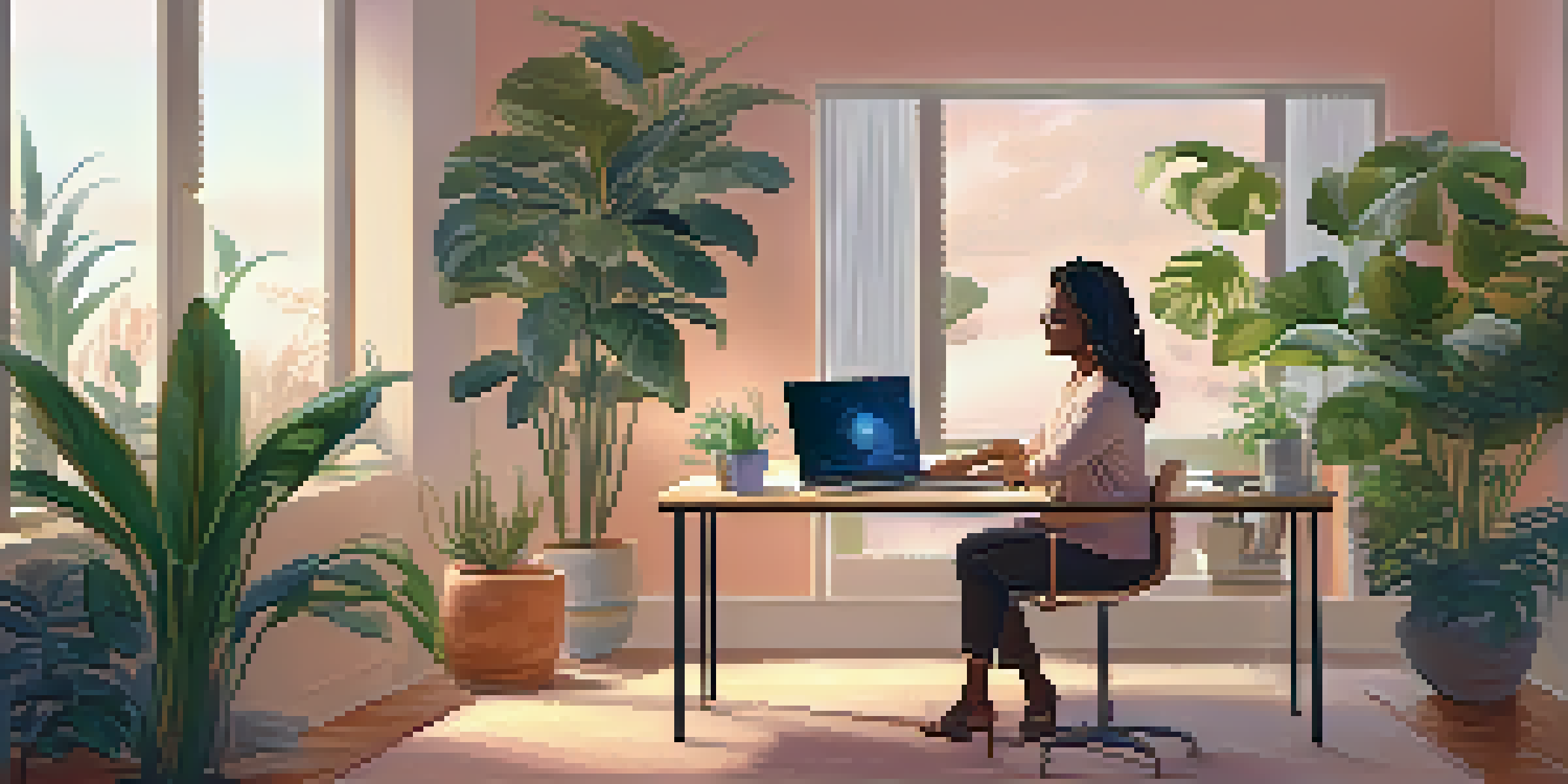 A therapist on a laptop screen communicating with a relaxed client in a cozy home office filled with plants and warm lighting.
