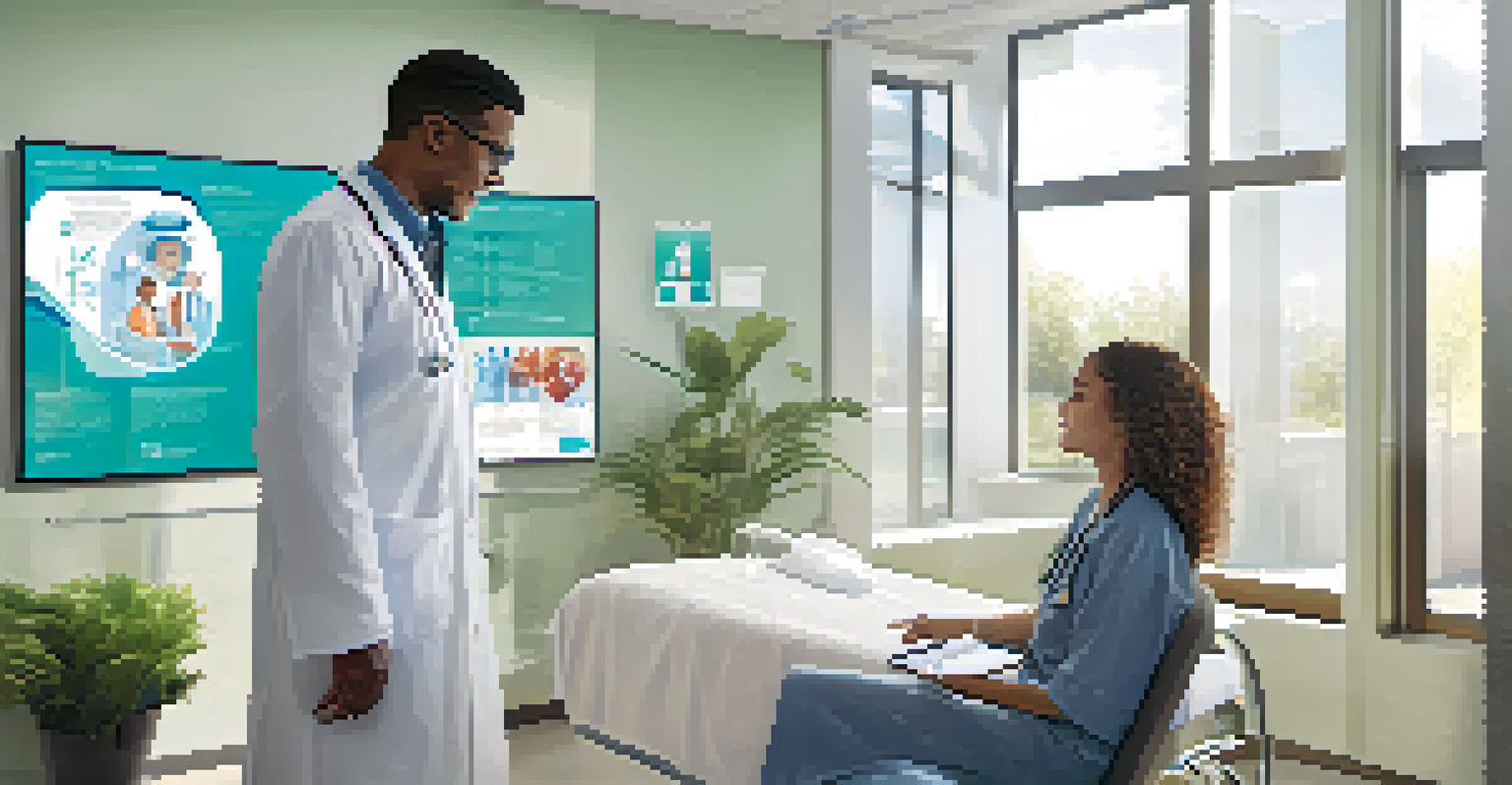 A doctor in a clinic explaining treatment options to a patient using a tablet, with a bright and inviting atmosphere.