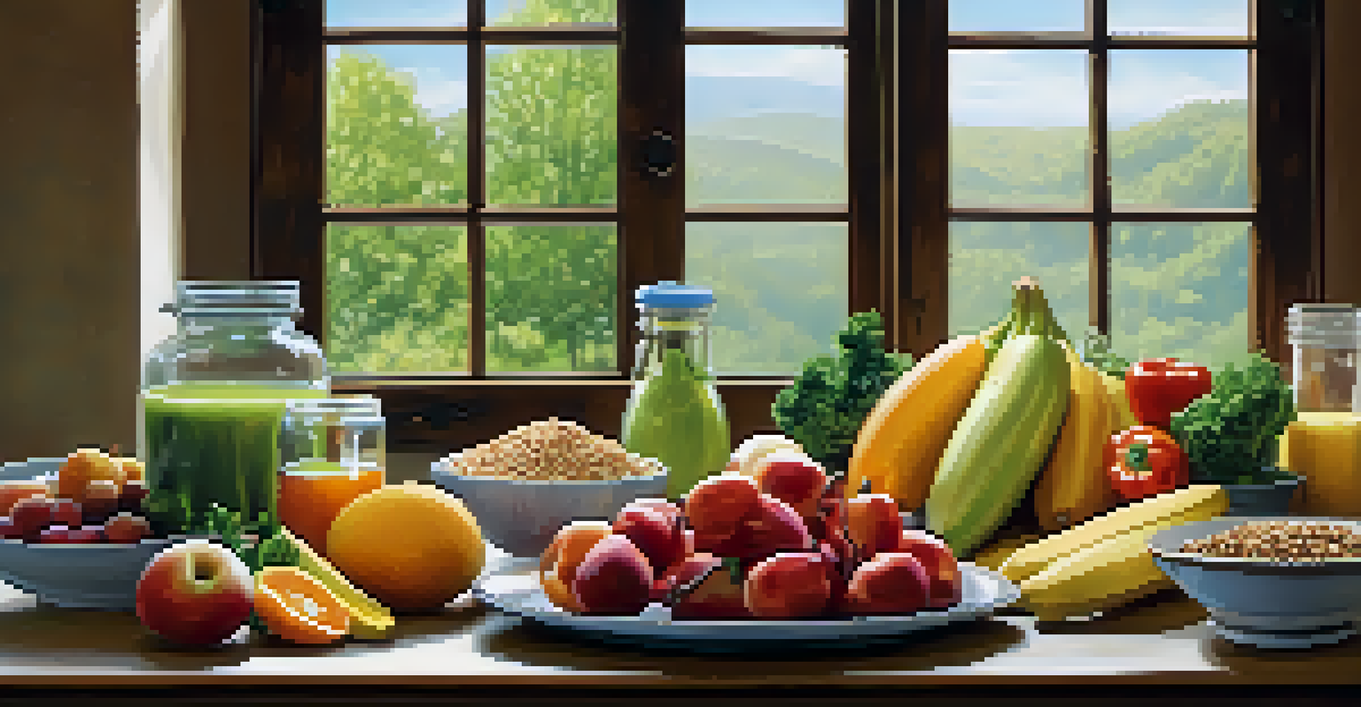 A kitchen table filled with colorful fruits, vegetables, nuts, and grains, illuminated by soft natural light, representing healthy nutrition.