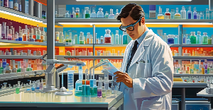 A scientist in a lab coat and safety goggles examining vaccine samples through a microscope in a modern laboratory filled with high-tech equipment.