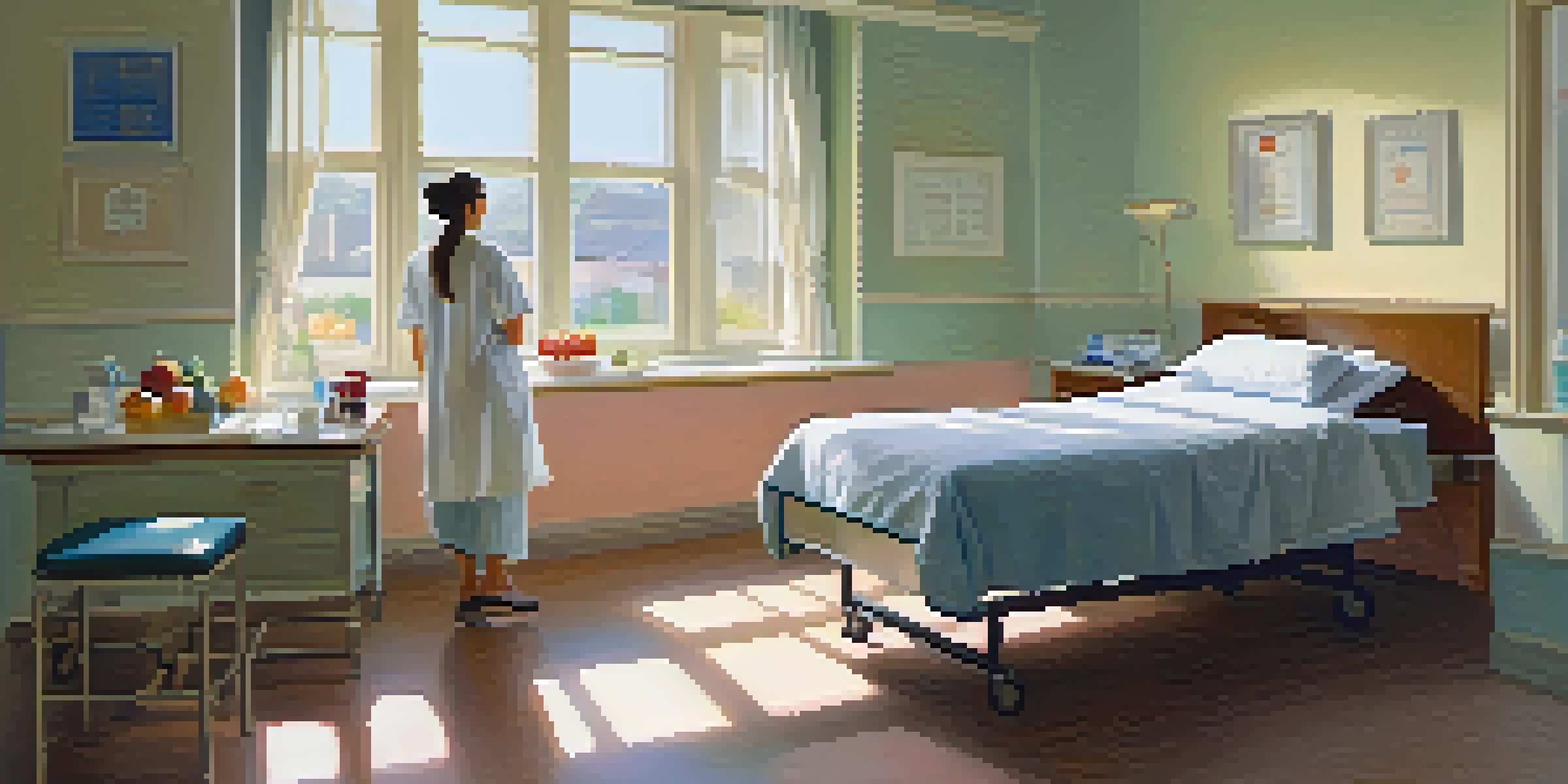 A hospital room with a patient in bed, a nurse checking vitals, and a table with fruit, illuminated by soft natural light.