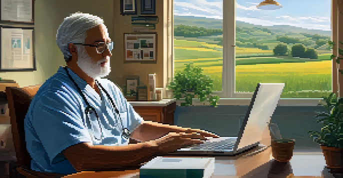 A middle-aged patient consulting a doctor via a video call from home, with a cozy interior and a view of green fields outside.