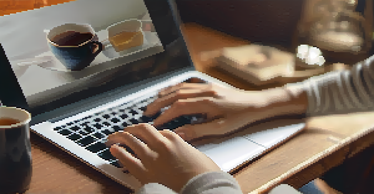 A close-up of hands on a laptop, with a notebook and a cup of tea nearby, in a warmly lit space during a teletherapy session.