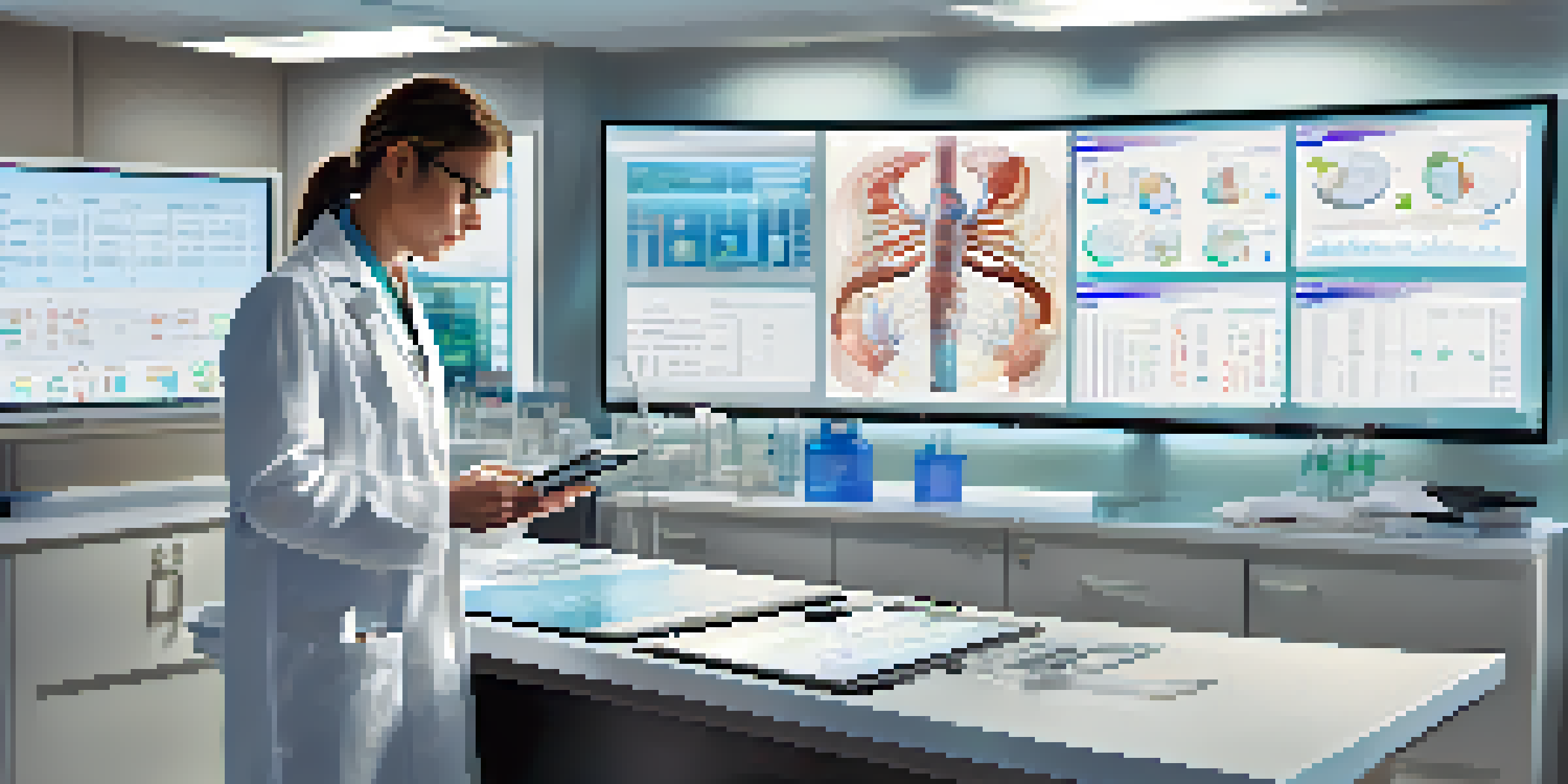 A doctor in a clinic analyzing patient data on a tablet, with medical screens and charts around.