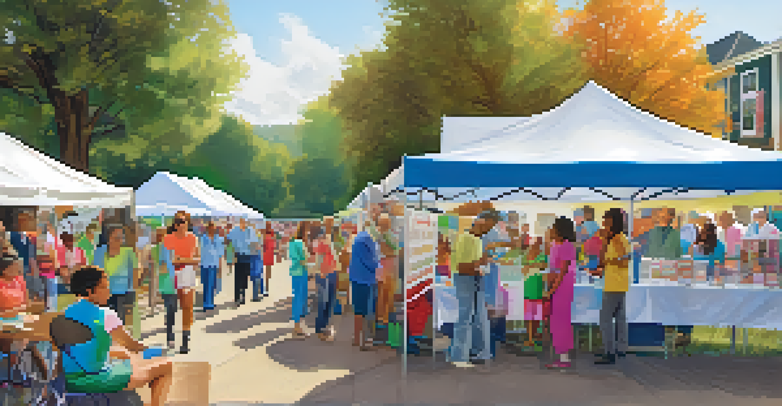 A vibrant community health fair with booths and residents interacting with healthcare professionals in a rural setting.