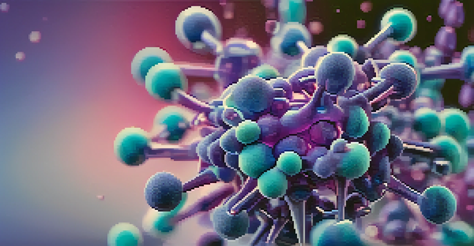 A detailed close-up view of an antibody-drug conjugate showing an antibody structure linked to a drug molecule, set against a gradient background.