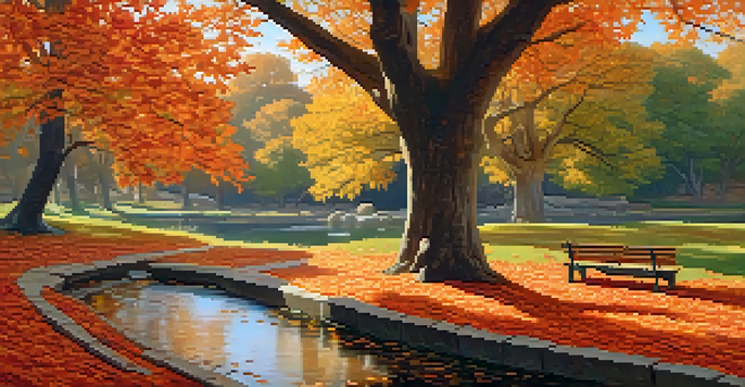 A peaceful autumn park scene with colorful leaves, a wooden bench, and a flowing stream under soft sunlight.