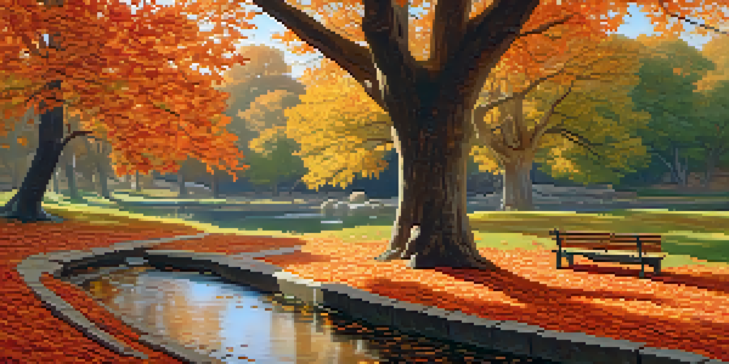 A peaceful autumn park scene with colorful leaves, a wooden bench, and a flowing stream under soft sunlight.