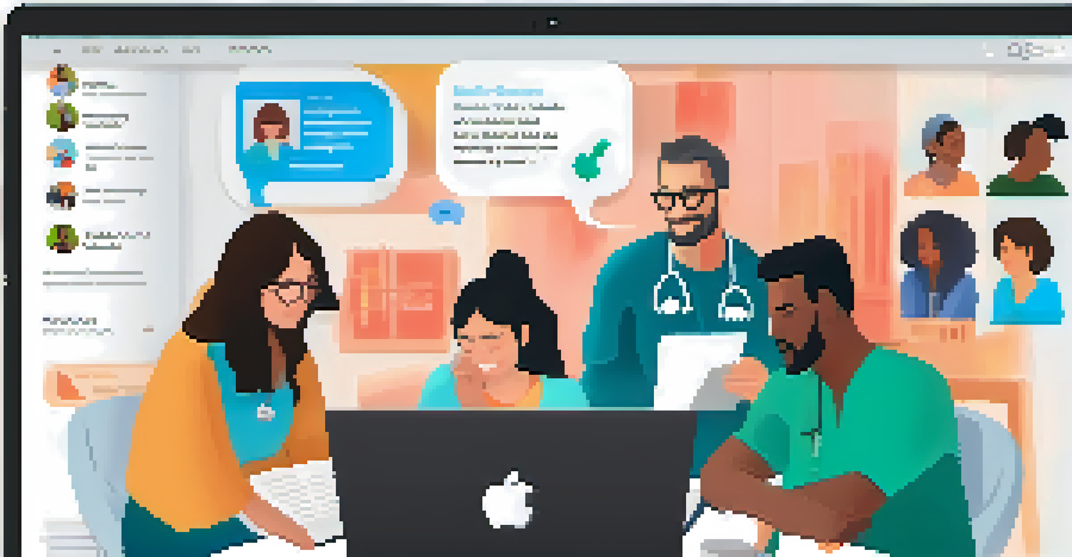 A laptop showing an online health community forum with individuals engaging in discussions.