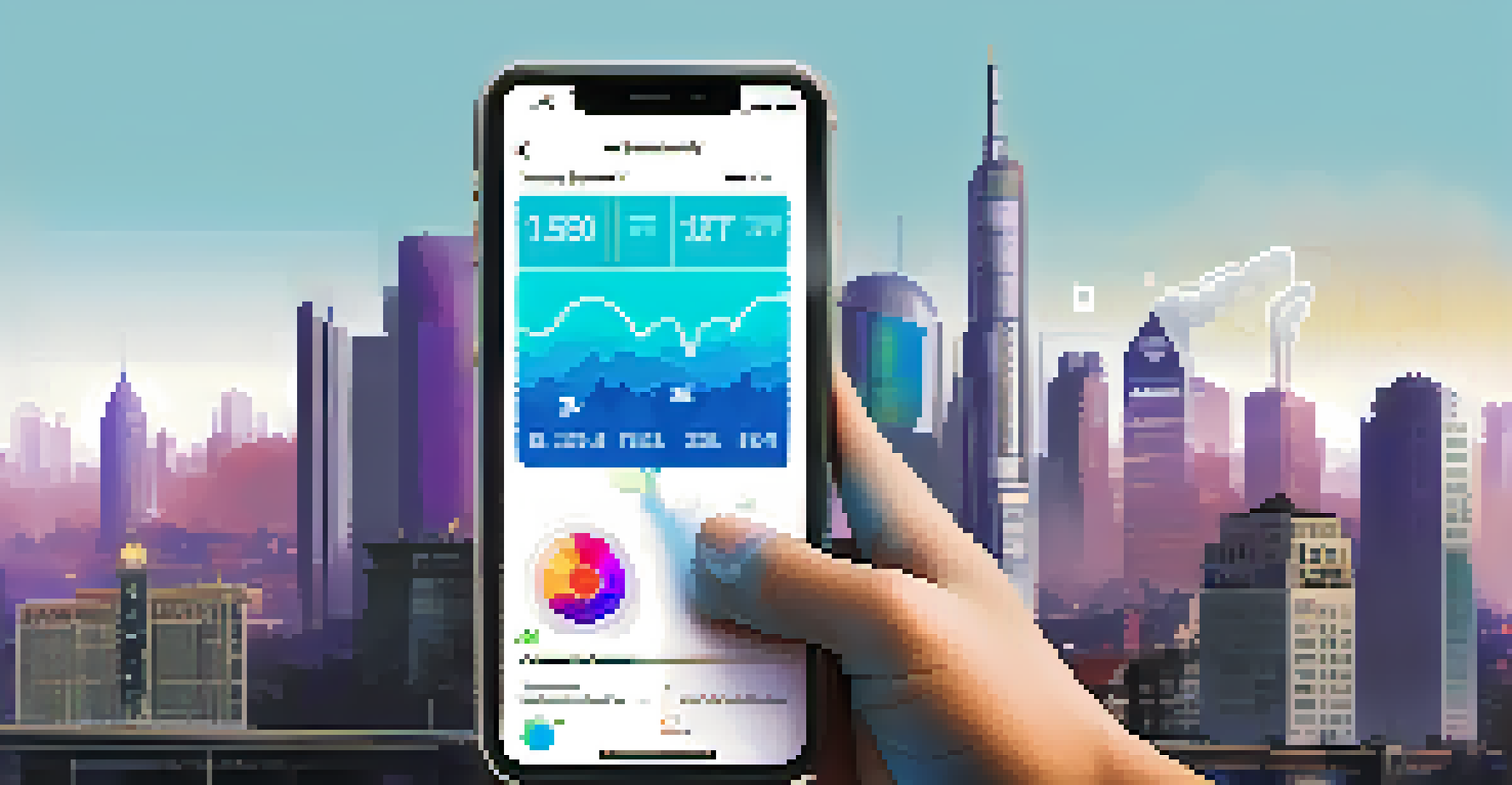 A close-up view of a person using a smartphone to check air quality, with a city skyline in the background.