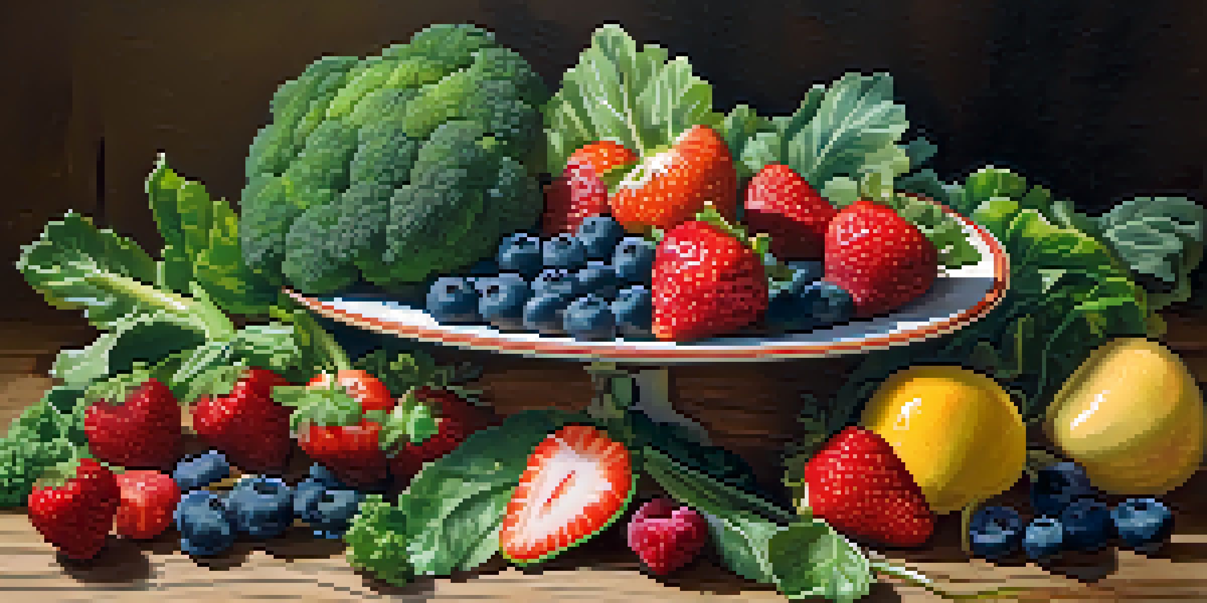 A colorful plate of fresh fruits and vegetables including strawberries, blueberries, leafy greens, and broccoli on a wooden table.