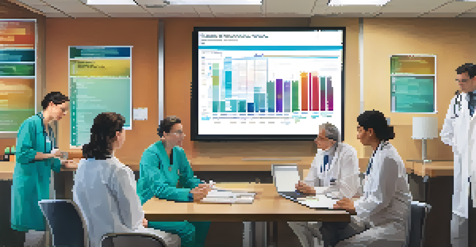Close-up of a colorful bar graph on a computer screen showing patient demographics, with a healthcare team discussing in the background.