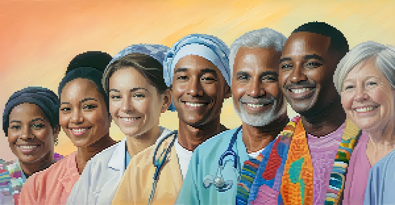 A diverse group of patients with colorful genetic markers on their skin, representing personalized medicine against a pastel gradient background.
