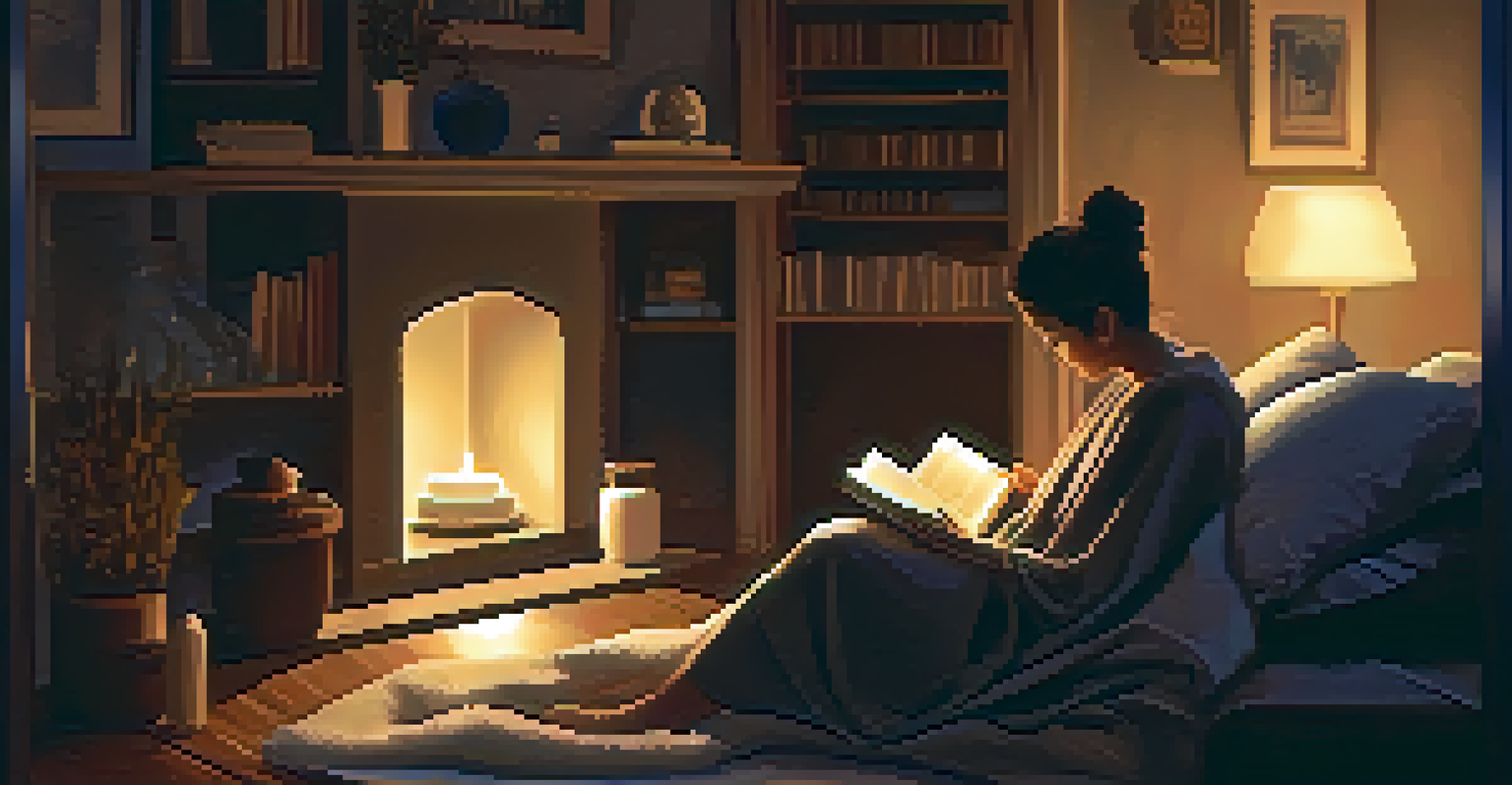 A person reading a book in a dimly lit room, with candles and a soft blanket, creating a tranquil atmosphere.
