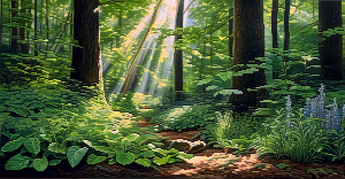 A lush forest filled with various medicinal plants, sunlight shining through the trees, with labels detailing each plant's name and medicinal uses.