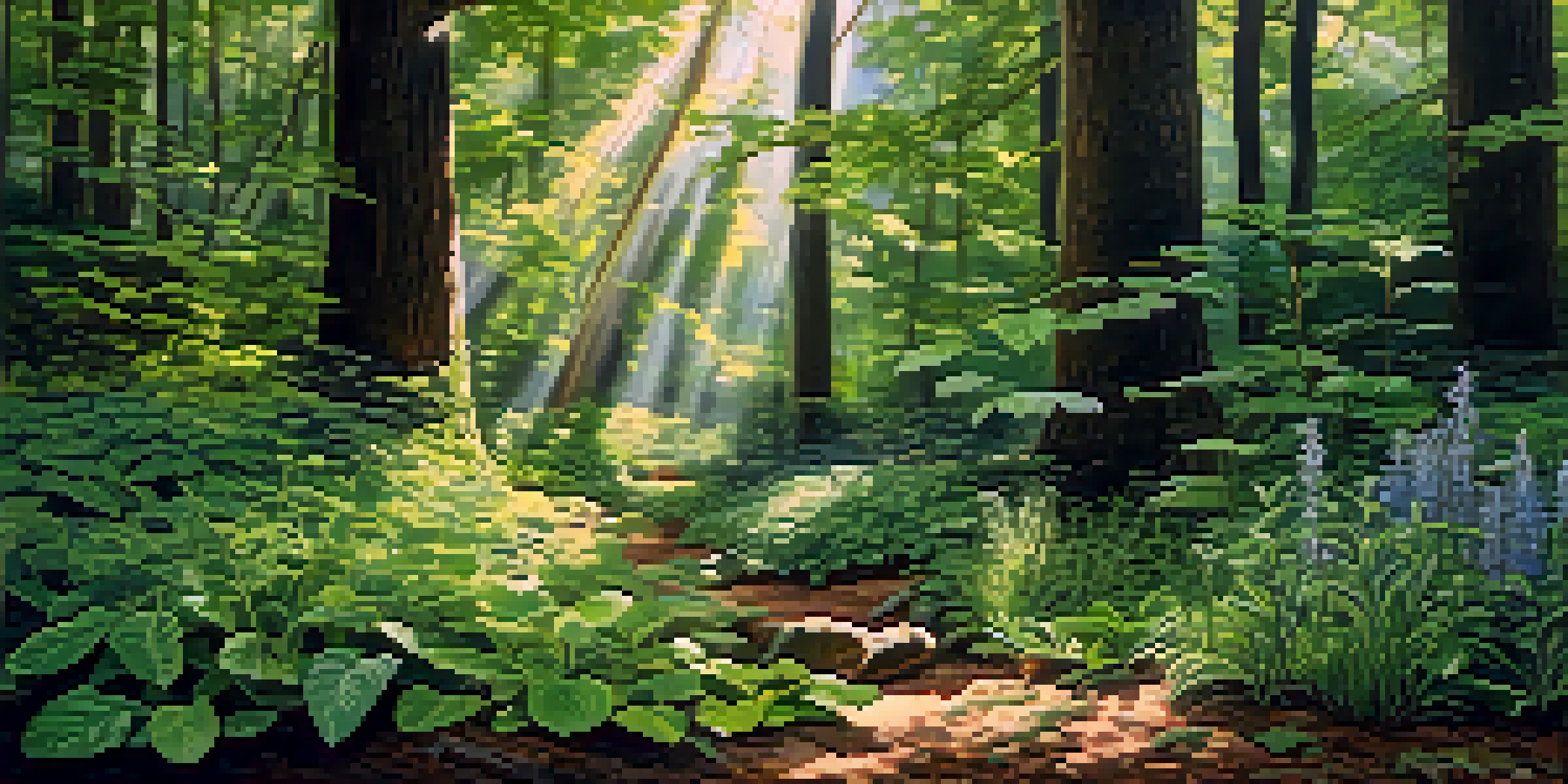 A lush forest filled with various medicinal plants, sunlight shining through the trees, with labels detailing each plant's name and medicinal uses.