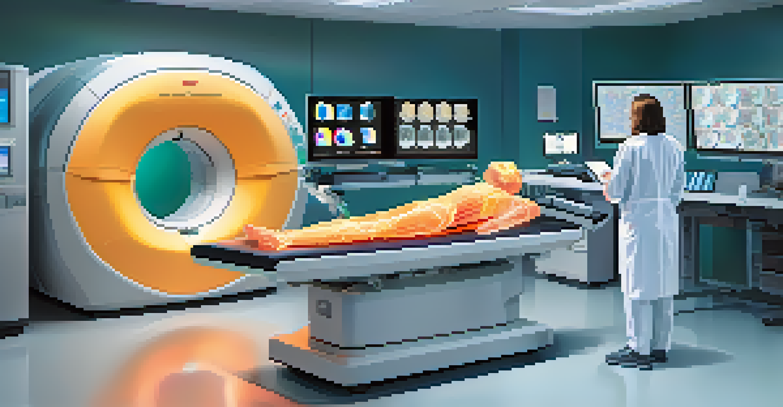 A radiologist in a medical imaging room using AI technology to analyze an MRI scan on a monitor, with a clean and modern atmosphere.