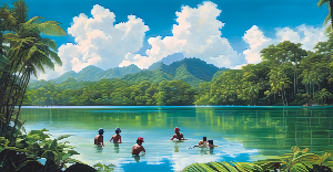 A tropical landscape with a clear lake and people in protective gear swimming, surrounded by green trees under a sunny sky.